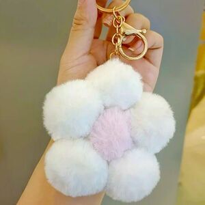 XMAS SALE White and Pink Retro Plush Flower Bag Charm Keychain